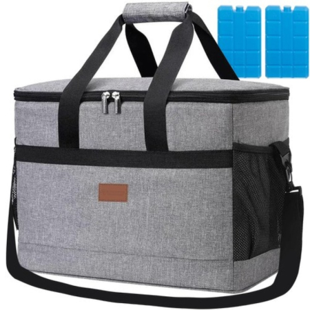 Genti termo-izolante - Geanta termica mare 40l VarioShop®, pentru plaja sau calatorii, tesatura impermeabila, interior izolat cu spuma, 2 pachete racire, curea reglabila si manere rezistente, 47 x 28.5 x 30 cm, Gri