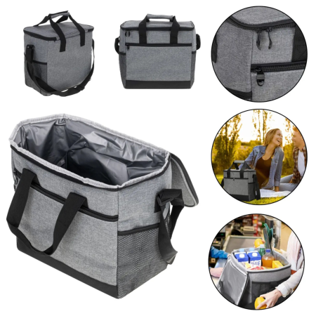 Genti termo-izolante - Geanta termica VarioShop®, pentru plaja, camping si picnic, cu fermoar si folie termoizolanta, capacitate 16 L, 31 x 18 x 27 cm, gri