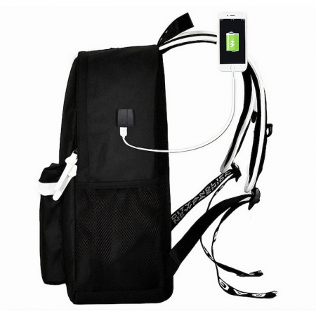 Ghiozdan Pentru Adolescenti VarioShop®, cu Design Fosforescent, Prelungitor Incarcare USB, Mufa Jack pentru Casti, Lacat cu Cifru, Penar, Waterproof, Pentru Scoala, Drumetii si Munte 42x14x33 cm, Negr [8]