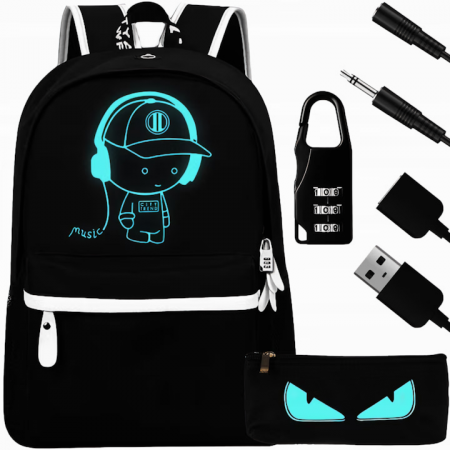 Copii - Ghiozdan Pentru Adolescenti VarioShop®, cu Design Fosforescent, Prelungitor Incarcare USB, Mufa Jack pentru Casti, Lacat cu Cifru, Penar, Waterproof, Pentru Scoala, Drumetii si Munte 42x14x33 cm, Negr