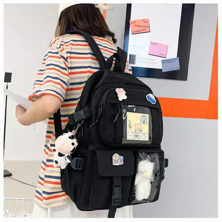 Ghiozdan pentru adolescenti VarioShop®, potrivit pentru scoala, calatorii, activitati de zi cu zi, 2 brelocuri incluse, model vacuta si ursulet, lacatu cu cifru, rezistent la apa, 43x31x13 cm, negru [17]
