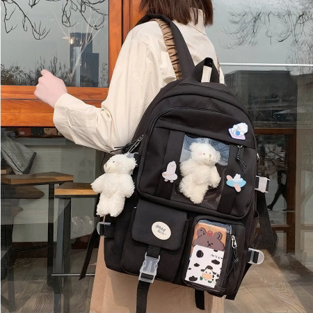 Ghiozdan pentru adolescenti VarioShop®, potrivit pentru scoala, calatorii, activitati de zi cu zi, 2 brelocuri incluse, model vacuta si ursulet, lacatu cu cifru, rezistent la apa, 43x31x13 cm, negru [14]