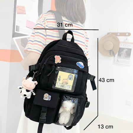Ghiozdan pentru adolescenti VarioShop®, potrivit pentru scoala, calatorii, activitati de zi cu zi, 2 brelocuri incluse, model vacuta si ursulet, lacatu cu cifru, rezistent la apa, 43x31x13 cm, negru [3]
