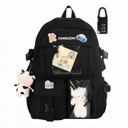 Ghiozdan pentru adolescenti VarioShop®, potrivit pentru scoala, calatorii, activitati de zi cu zi, 2 brelocuri incluse, model vacuta si ursulet, lacatu cu cifru, rezistent la apa, 43x31x13 cm, negru [10]