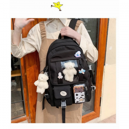 Ghiozdan pentru adolescenti VarioShop®, potrivit pentru scoala, calatorii, activitati de zi cu zi, 2 brelocuri incluse, model vacuta si ursulet, lacatu cu cifru, rezistent la apa, 43x31x13 cm, negru [15]