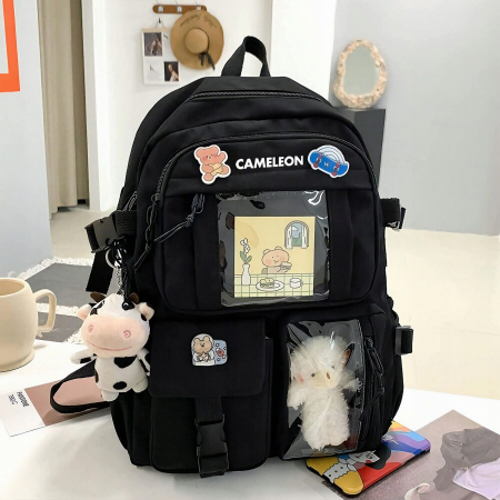 Ghiozdan pentru adolescenti VarioShop®, potrivit pentru scoala, calatorii, activitati de zi cu zi, 2 brelocuri incluse, model vacuta si ursulet, lacatu cu cifru, rezistent la apa, 43x31x13 cm, negru [16]