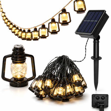Iluminat & electrice - Ghirlanda solara LED VarioShop®, pentru gradina, balcon si terasa, 30 felinare cu aprindere automata seara, 6,3 m, negru