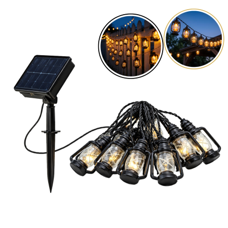 Iluminat & electrice - Ghirlanda solara LED VarioShop®, pentru gradina, balcon si terasa, 50 felinare cu lumina calda, 8 moduri, aprindere automata la amurg, 6,9 m, negru