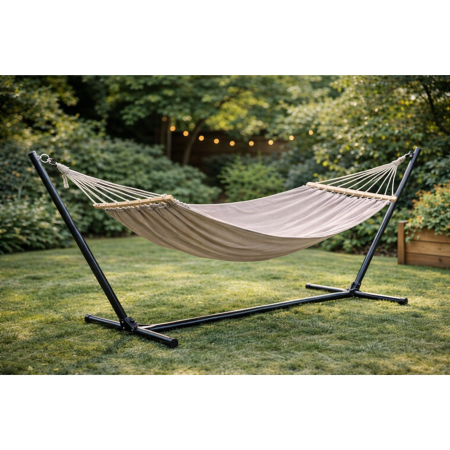 Hamac cu cadru metalic VarioShop®, reglare inaltime 6 niveluri, suport 150 kg, material textil rezistent, pliabil cu geanta transport, pentru terasa si balcon