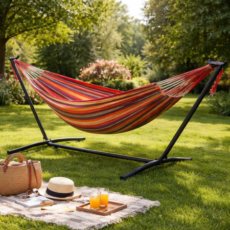 Balansoare si Hamace - Hamac cu suport metalic si cadru din otel VarioShop®, greutate maxima 150 kg, montaj rapid, structura stabila, pentru terasa, balcon si camping, 185x80 cm