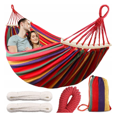 Accesorii hamace si balansoare - Hamac de gradina 250x150 cm VarioShop®, sarcina maxima 280 kg, bumbac rezistent, cu franghii si geanta transport, pentru exterior si interior