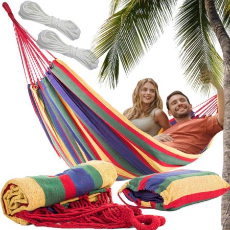 Hamac gradina dublu XXL 200x150 cm, confortabil pentru doua persoane, portabil, durabil, cu dungi, ideal gradina, terasa si camping