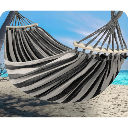 Hamac pentru doua persoane, capacitate 200 kg, montare usoara la copaci, stalpi sau structuri, bumbac/poliester, ideal gradina, terasa si camping, 150x200 cm