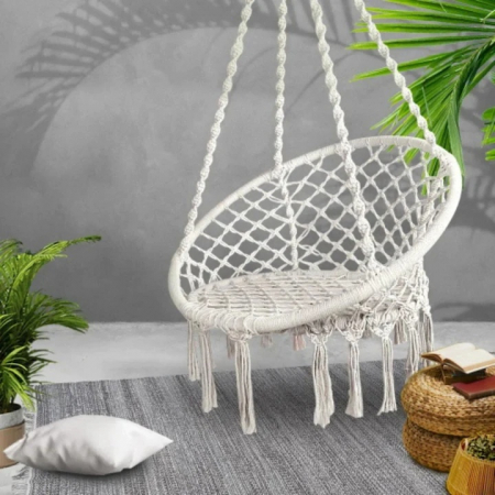 Hamac suspendat pentru interior/exterior VarioShop®, pentru terasa, balcon, gradina, cadru metalic impletit cu bumbac, capacitate pana la 120 kg, Bej [13]