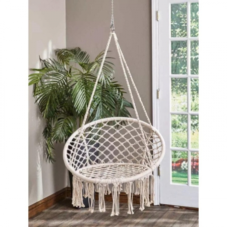 Hamac suspendat pentru interior/exterior VarioShop®, pentru terasa, balcon, gradina, cadru metalic impletit cu bumbac, capacitate pana la 120 kg, Bej [9]