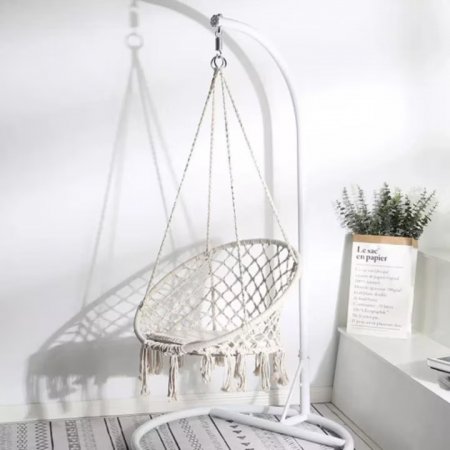 Hamac suspendat pentru interior/exterior VarioShop®, pentru terasa, balcon, gradina, cadru metalic impletit cu bumbac, capacitate pana la 120 kg, Bej [10]