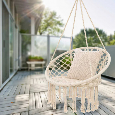 Balansoare si Hamace - Hamac suspendat pentru interior/exterior VarioShop®, pentru terasa, balcon, gradina, cadru metalic impletit cu bumbac, capacitate pana la 120 kg, Bej
