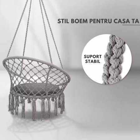 Hamac suspendat pentru interior/exterior VarioShop®, pentru terasa, balcon, gradina, cadru metalic impletit cu bumbac, capacitate pana la 120 kg, Gri [2]
