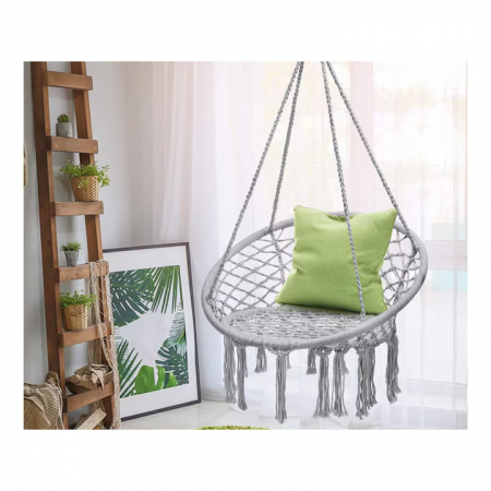 Hamac suspendat pentru interior/exterior VarioShop®, pentru terasa, balcon, gradina, cadru metalic impletit cu bumbac, capacitate pana la 120 kg, Gri [6]