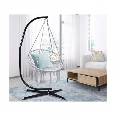 Hamac suspendat pentru interior/exterior VarioShop®, pentru terasa, balcon, gradina, cadru metalic impletit cu bumbac, capacitate pana la 120 kg, Gri [3]