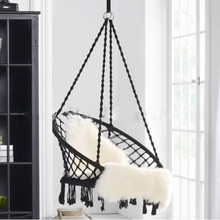 Hamac suspendat pentru interior/exterior VarioShop®, pentru terasa, balcon, gradina, cadru metalic impletit cu bumbac, capacitate pana la 150 kg, Negru [4]