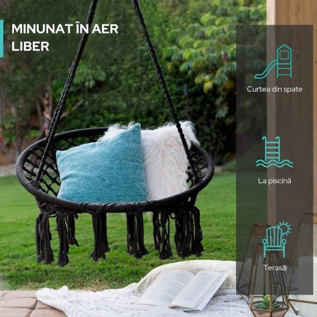 Hamac suspendat pentru interior/exterior VarioShop®, pentru terasa, balcon, gradina, cadru metalic impletit cu bumbac, capacitate pana la 150 kg, Negru [2]