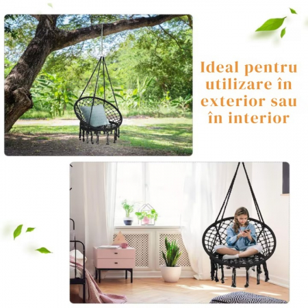 Hamac suspendat pentru interior/exterior VarioShop®, pentru terasa, balcon, gradina, cadru metalic impletit cu bumbac, capacitate pana la 150 kg, Negru [9]