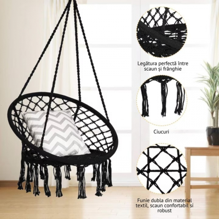 Hamac suspendat pentru interior/exterior VarioShop®, pentru terasa, balcon, gradina, cadru metalic impletit cu bumbac, capacitate pana la 150 kg, Negru [5]