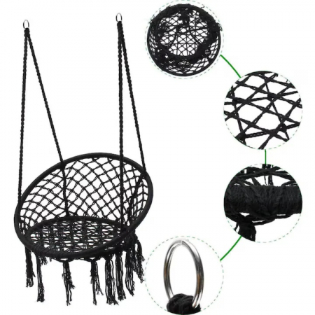 Hamac suspendat pentru interior/exterior VarioShop®, pentru terasa, balcon, gradina, cadru metalic impletit cu bumbac, capacitate pana la 150 kg, Negru [13]
