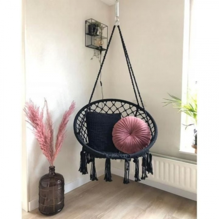 Hamac suspendat pentru interior/exterior VarioShop®, pentru terasa, balcon, gradina, cadru metalic impletit cu bumbac, capacitate pana la 150 kg, Negru [7]