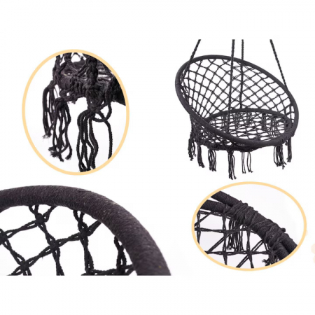 Hamac suspendat pentru interior/exterior VarioShop®, pentru terasa, balcon, gradina, cadru metalic impletit cu bumbac, capacitate pana la 150 kg, Negru [11]
