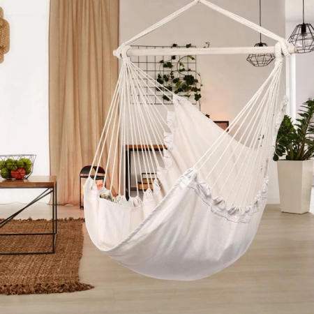 Balansoare si Hamace - Hamac tip leagan suspendat pentru casa sau gradina VarioShop®, cu cadru din lemn, pentru interior/exterior, 130 x 100 cm, greutate maxima 150 kg, Crem