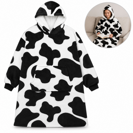 Fashion - Hanorac patura cu gluga si maneci VarioShop®, marime universala XXL, interior gros si pufos, 115 x 80 cm, poliester, alb/negru