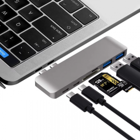 Periferice - Hub Adaptor Multiport 6 in 1 VarioShop®, pentru Macbook/Laptop, USB 3.0, Micro SD/SD Card Reader, TF, Type C(PD), Gri