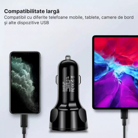 Incarcator Auto VarioShop®, Fast Charge QC3.0/PD, 4 porturi USB, Amperaj/Porturi, Protectie Suprasarcina, Incalzire, Voltaj 12-32V, Material Ignifug, Compatibil Android/Apple, Negru [10]