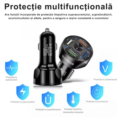 Incarcator Auto VarioShop®, Fast Charge QC3.0/PD, 4 porturi USB, Amperaj/Porturi, Protectie Suprasarcina, Incalzire, Voltaj 12-32V, Material Ignifug, Compatibil Android/Apple, Negru [12]