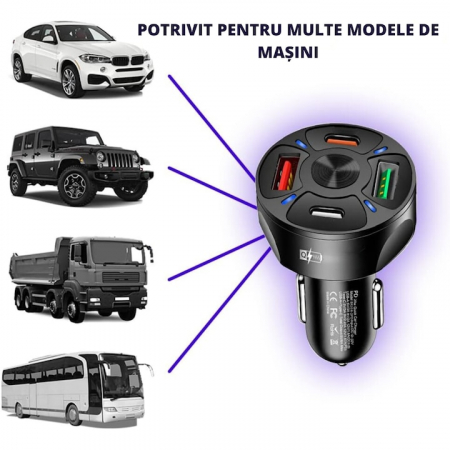 Incarcator Auto VarioShop®, Fast Charge QC3.0/PD, 4 porturi USB, Amperaj/Porturi, Protectie Suprasarcina, Incalzire, Voltaj 12-32V, Material Ignifug, Compatibil Android/Apple, Negru [2]