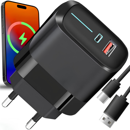 Incarcatoare telefoane - Incarcator rapid 3 in 1 VarioShop®, pentru telefon, tableta si casti, porturi USB si Type-C, cablu inclus, 20W, negru