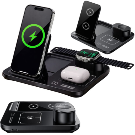 Incarcatoare telefoane - Incarcator wireless 3 in 1 VarioShop®, incarcare rapida 15W, compatibil telefon, smartwatch si casti wireless, tehnologie Qi, QC 3.0, alimentare USB, negru