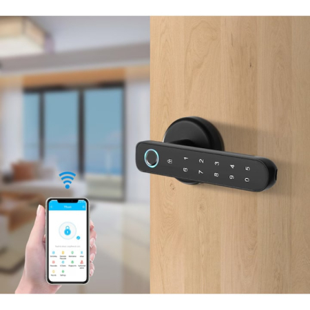 Broaste si yale - Incuietoare electronica inteligenta VarioShop®, cu amprenta digitala si aplicatie Tuya Smart, 4 moduri de acces, 30 amprente, 50 parole, montaj stanga/dreapta, design aluminiu negru