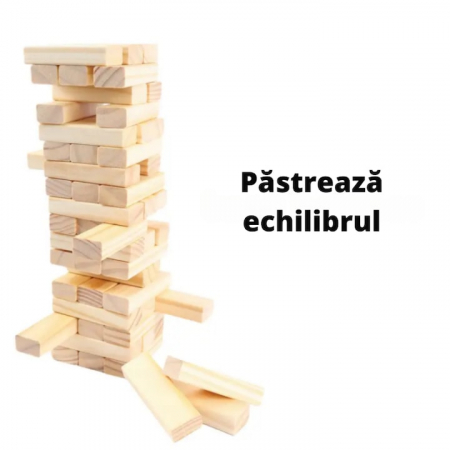 Joc de Societate Mini Jenga/Turnul Instabil pentru copii VarioShop®, cu 54 Piese Numerotate si 4 Zaruri, din Lemn [1]