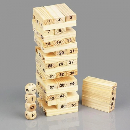 Joc de Societate Mini Jenga/Turnul Instabil pentru copii VarioShop®, cu 54 Piese Numerotate si 4 Zaruri, din Lemn [14]