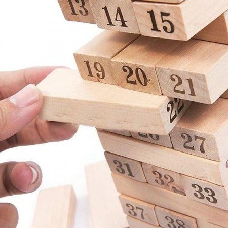 Joc de Societate Mini Jenga/Turnul Instabil pentru copii VarioShop®, cu 54 Piese Numerotate si 4 Zaruri, din Lemn [3]