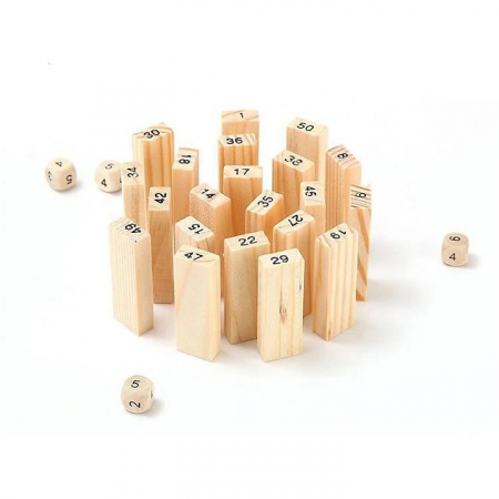 Joc de Societate Mini Jenga/Turnul Instabil pentru copii VarioShop®, cu 54 Piese Numerotate si 4 Zaruri, din Lemn [11]