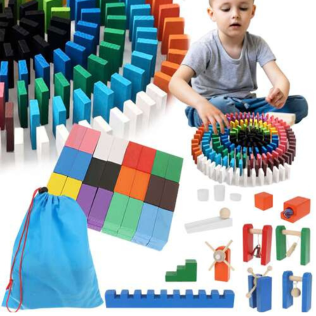 Jucarii interactive - Joc domino educativ VarioShop®, 407 piese din lemn, tip Montessori, cu tobogane, moara de vant, leagan, clopotel si bile, include geanta cu snur, dezvolta creativitatea si coordonarea, multicolor