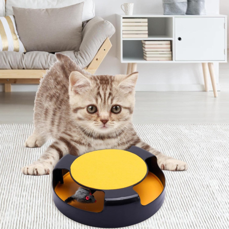 Jucarie Interactiva pentru Pisici – Roata Rotativa cu Soarece din Poliester, Stalp de Zgariat cu Covoras din Fetru, Tapete Antiderapante, Material Durabil PP, 25x6,5 cm