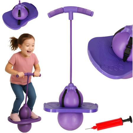 Jucarii interactive - Minge de sarit si echilibru pentru copii VarioShop®, tip pogo, cu placa antiderapanta, manere din spuma, inaltime reglabila 70-91 cm, sarcina maxima 100 kg, violet