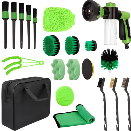 Produse cosmetica auto - Kit curatare auto VarioShop®, 21 piese pentru detailing interior si exterior, pistol cu rezervor detergent, perii, bureti, lavete microfibra, geanta depozitare