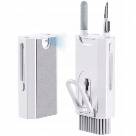 Laptop, Tablete, Telefoane - Kit Multifunctional de Curatare Produse Electronice 8 in 1 VarioShop®, cu Microfibra, Suport Telefon, Pulverizator si Perie pentru Electronice, Casti, Tastatura, Telefon, PC, Laptop, Alb