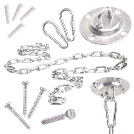 Accesorii hamace si balansoare - Kit prindere tavan VarioShop® pentru leagan si hamac, carlig metalic cu lant 150 cm si carabiniere, suport suspendare 200 kg, sistem montaj sigur
